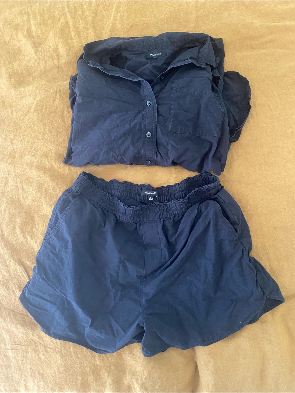 Madewell Black Matching Set Button-Up Shirt and Elastic Waist Shorts Set